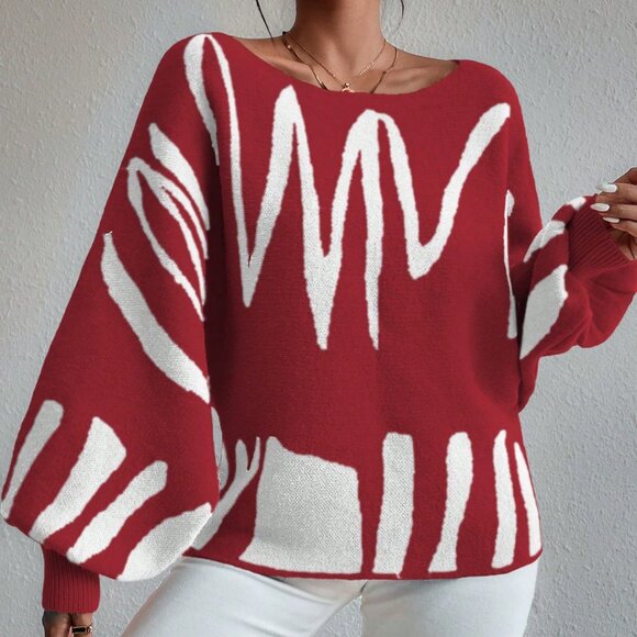 burgundy redCasual Women's Striped graphic Batwing Sleeve Loose Pullover Sweater - Picture 6 of 7